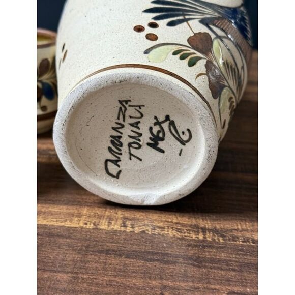 Tonala Mexican Folk Art Pottery Pitcher Decanter & 6 Shot Glasses Cups Bird - Picture 10 of 10